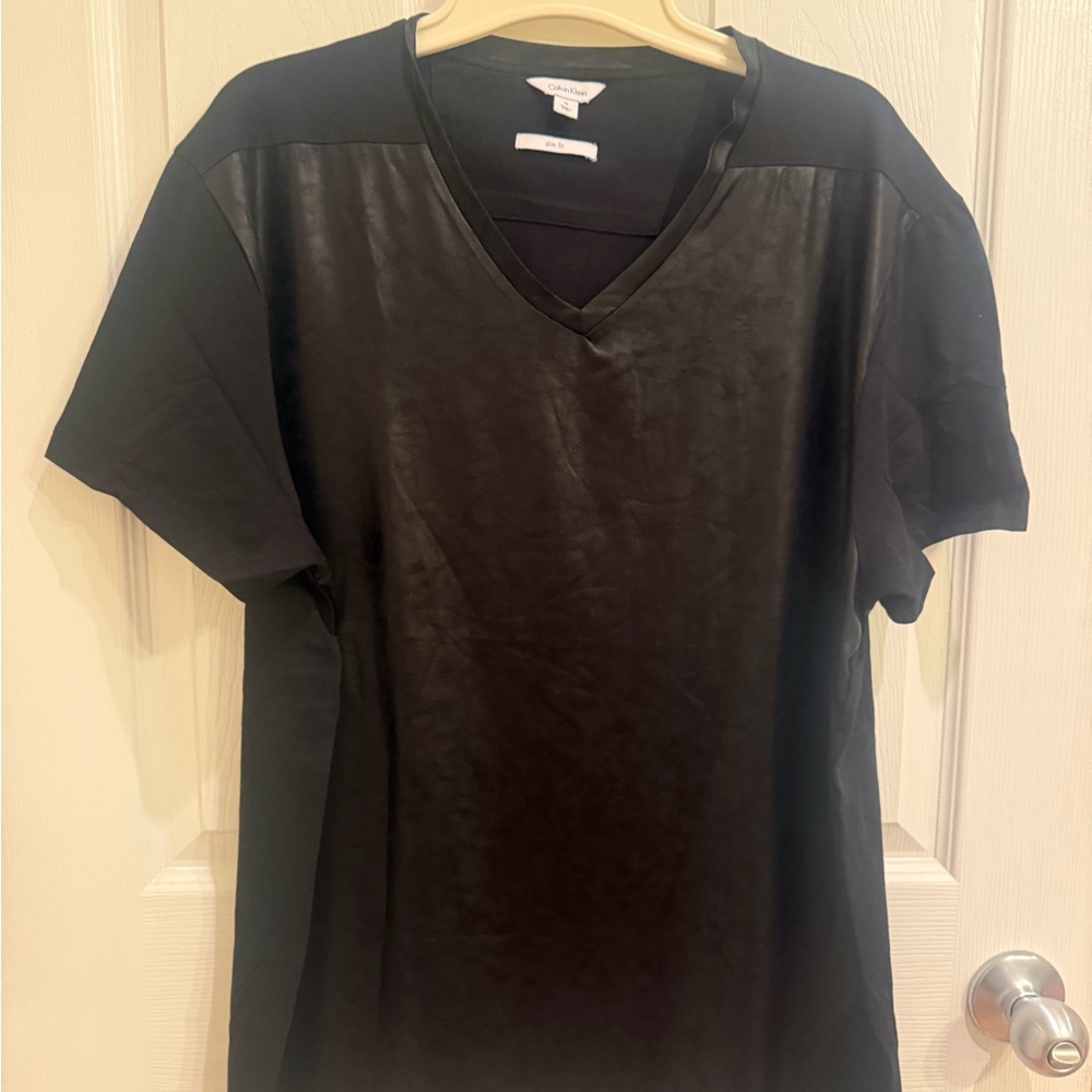 Black Faux-Leather Front V-Neck Tee